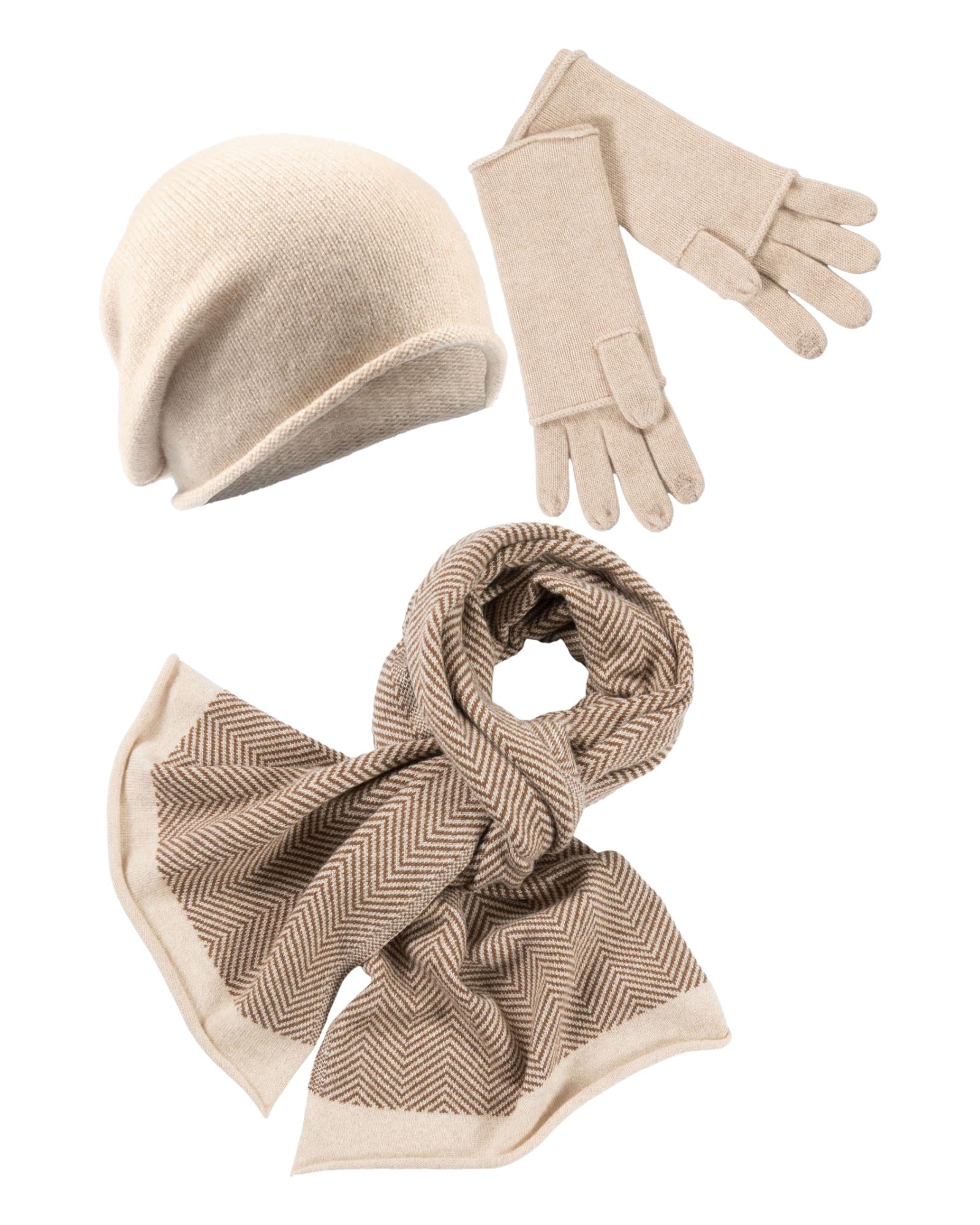 (image for) Online Verkaufen Kaschmir-Beanie, Handschuh + Schal mit Fischgrät-Muster - Beige meliert mütze shop